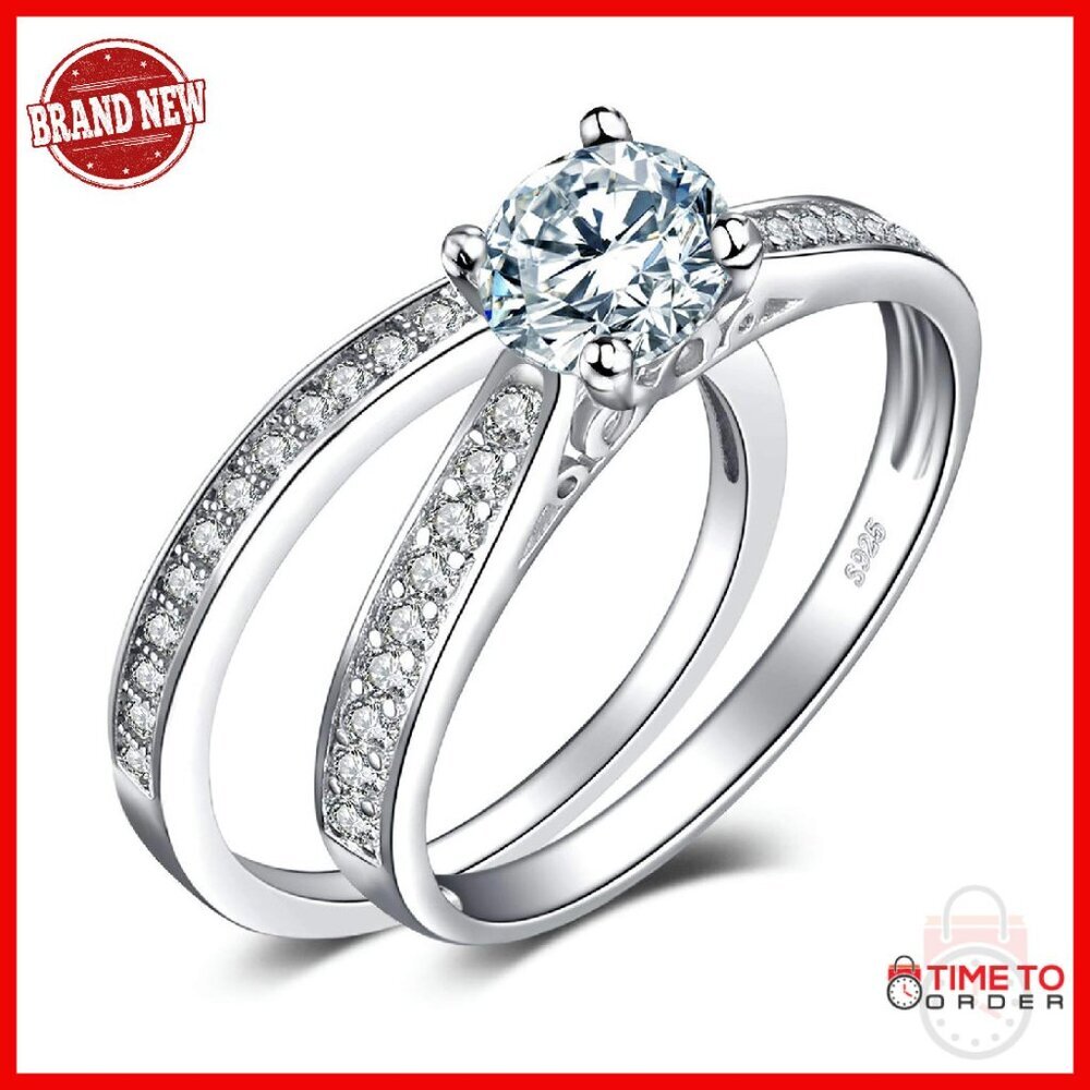 1ct Cubic Zirconia Sterling Silver Wedding Ring Set Size 8